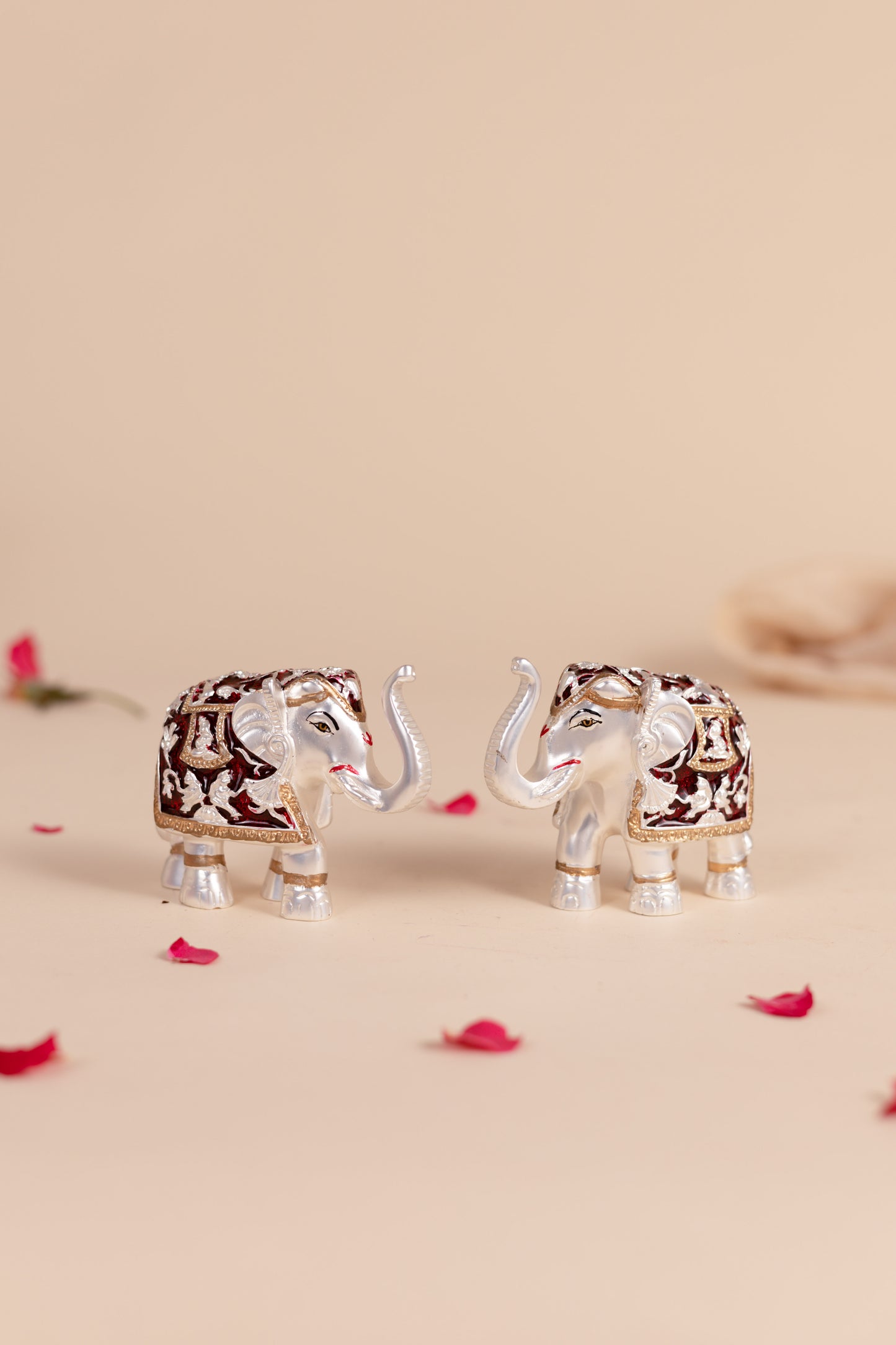 Silver Plated Red Meena Elephant Set