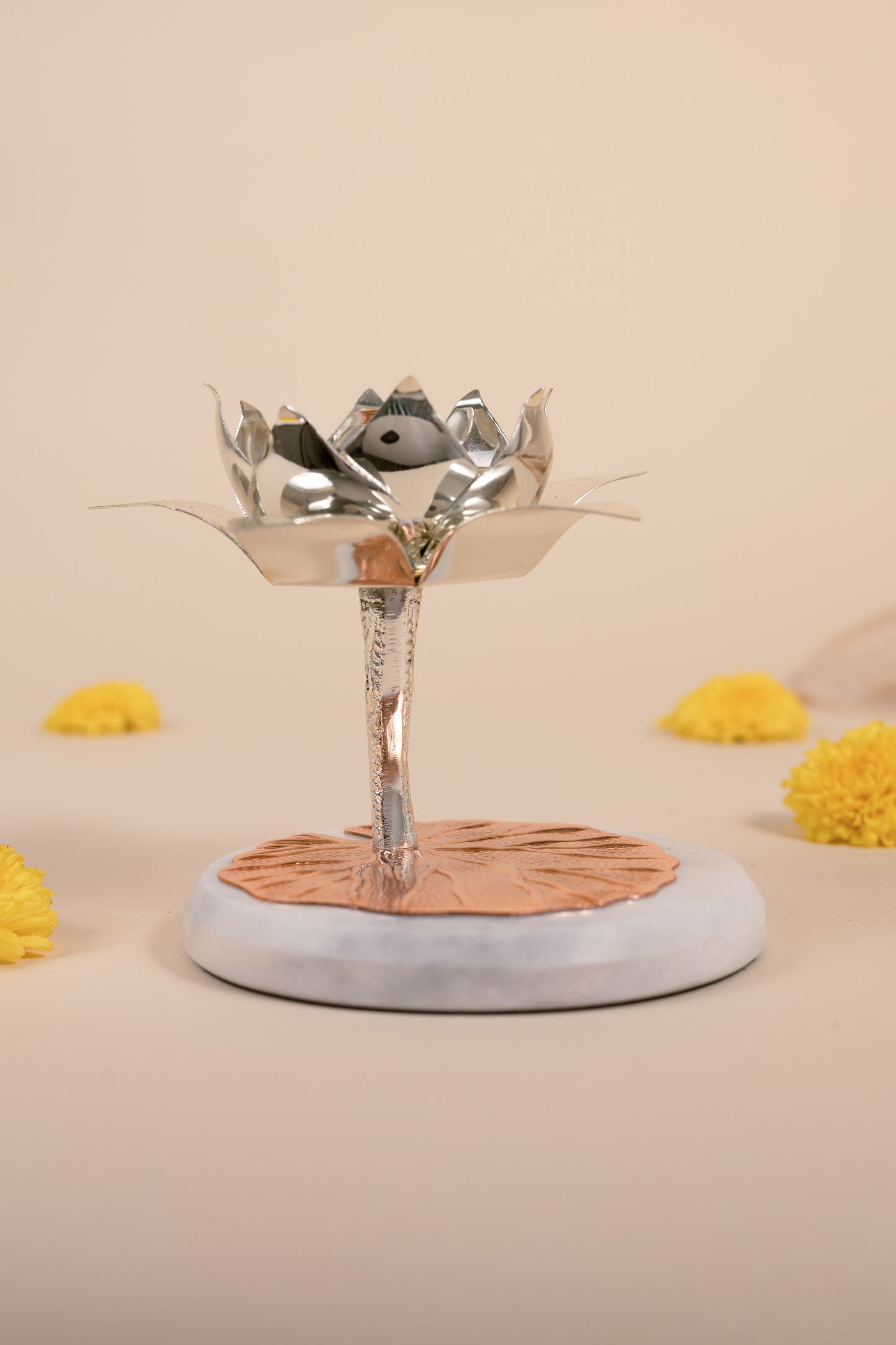 Silver Plated Lotus Diya on Marble Base