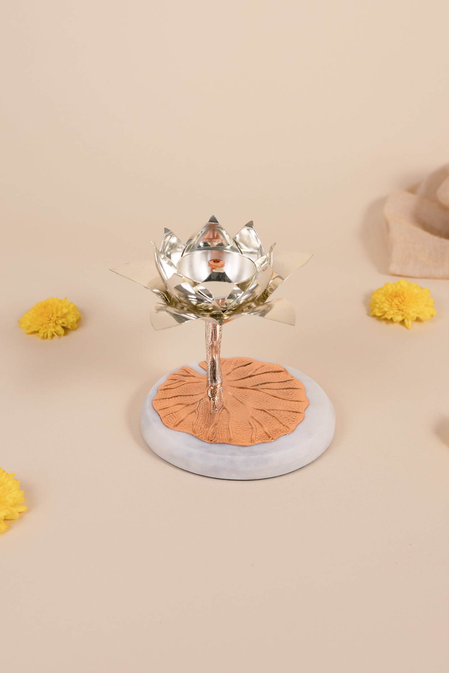 Silver Plated Lotus Diya on Marble Base