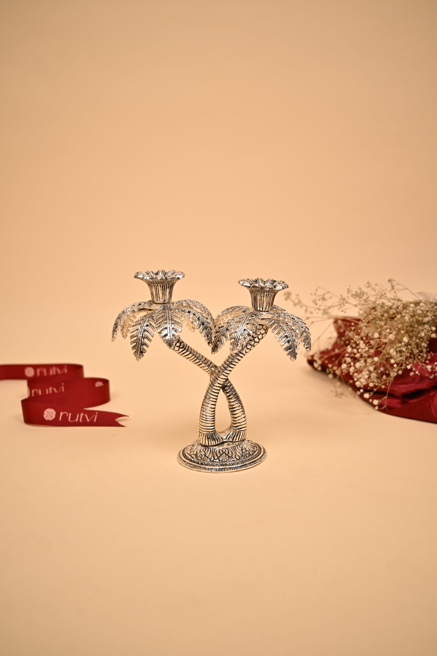 German Silver Twin Palm Tree Diya Stand – Handcrafted Sacred Oil Lamp for Pooja & Temple Decor