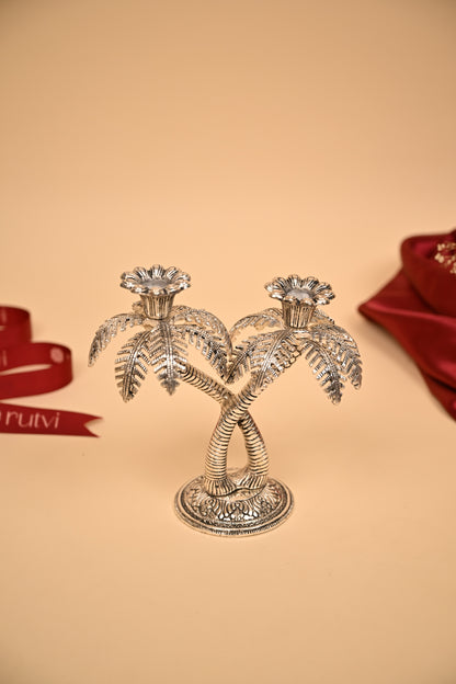 German Silver Twin Palm Tree Diya Stand – Handcrafted Sacred Oil Lamp for Pooja & Temple Decor
