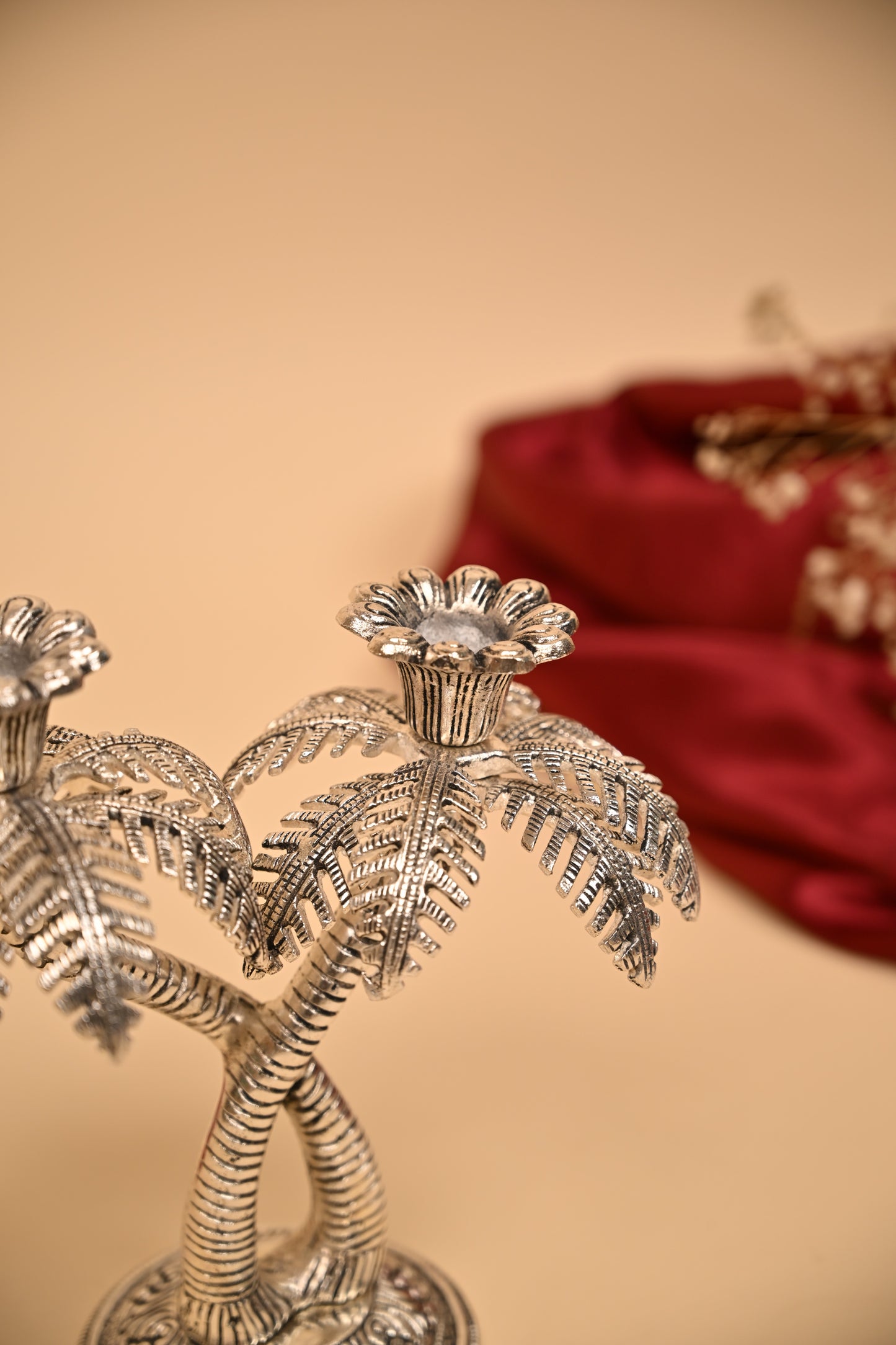 German Silver Twin Palm Tree Diya Stand – Handcrafted Sacred Oil Lamp for Pooja & Temple Decor