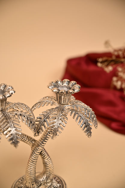German Silver Twin Palm Tree Diya Stand – Handcrafted Sacred Oil Lamp for Pooja & Temple Decor