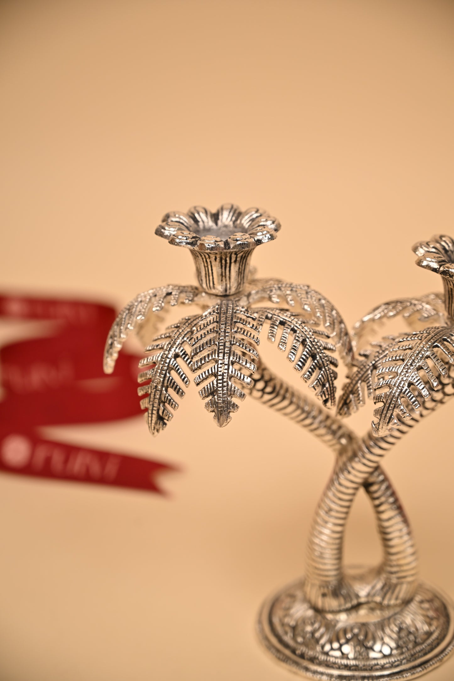 German Silver Twin Palm Tree Diya Stand – Handcrafted Sacred Oil Lamp for Pooja & Temple Decor