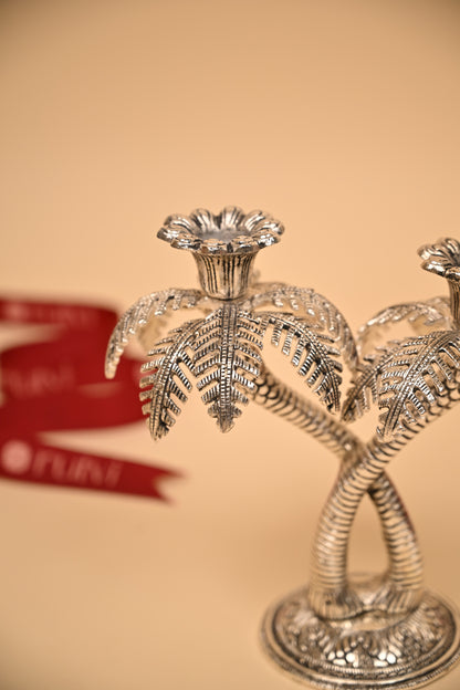 German Silver Twin Palm Tree Diya Stand – Handcrafted Sacred Oil Lamp for Pooja & Temple Decor