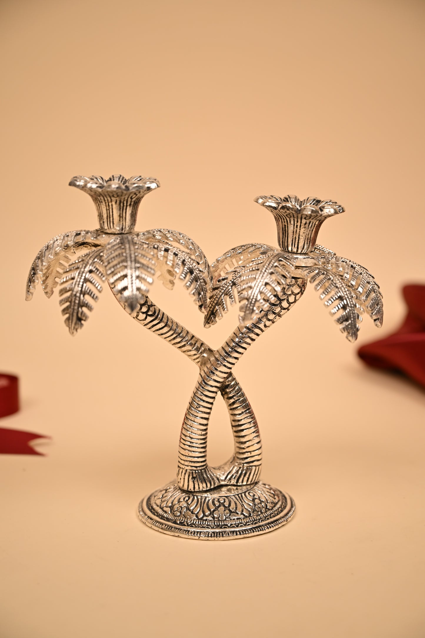 German Silver Twin Palm Tree Diya Stand – Handcrafted Sacred Oil Lamp for Pooja & Temple Decor