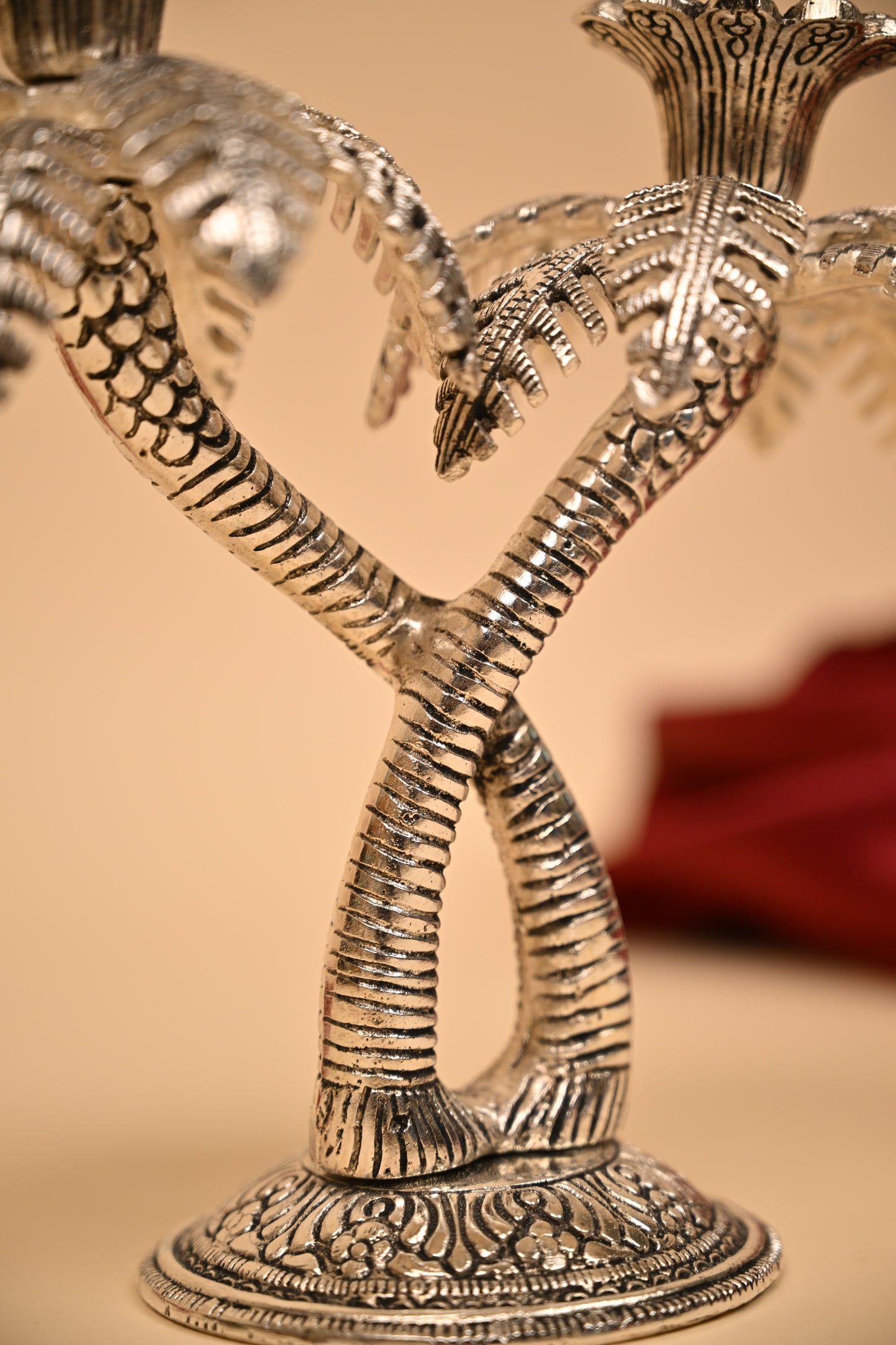German Silver Twin Palm Tree Diya Stand – Handcrafted Sacred Oil Lamp for Pooja & Temple Decor