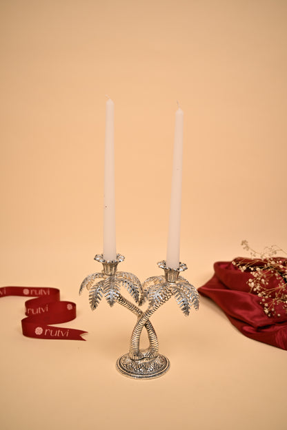 German Silver Twin Palm Tree Diya Stand – Handcrafted Sacred Oil Lamp for Pooja & Temple Decor