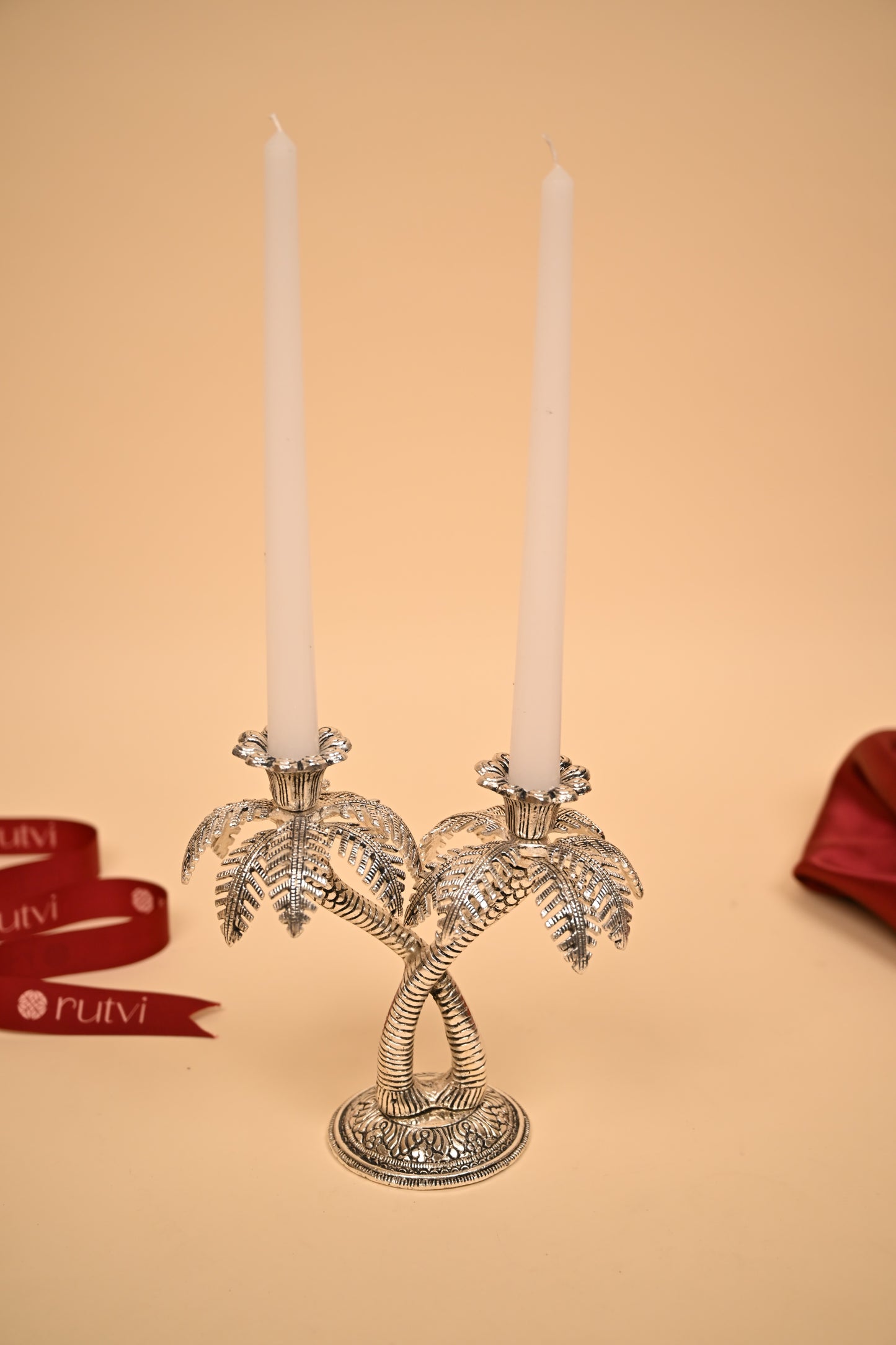 German Silver Twin Palm Tree Diya Stand – Handcrafted Sacred Oil Lamp for Pooja & Temple Decor