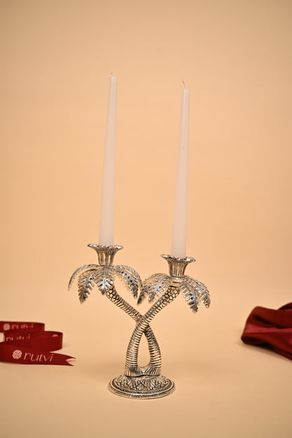 German Silver Twin Palm Tree Diya Stand – Handcrafted Sacred Oil Lamp for Pooja & Temple Decor