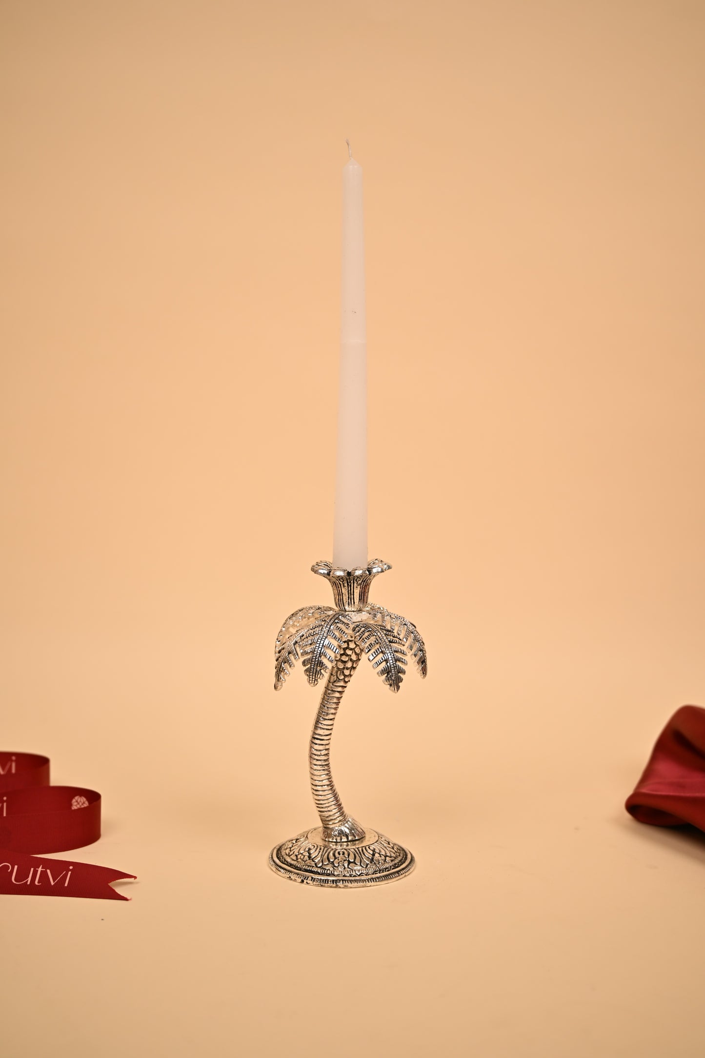 German Silver Palm Tree Candle Stand – Handcrafted Decorative Taper Candle Holder for Home & Festive Decor