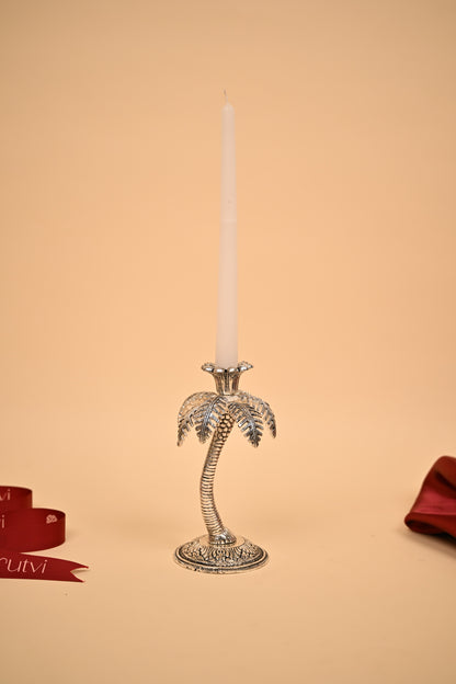 German Silver Palm Tree Candle Stand – Handcrafted Decorative Taper Candle Holder for Home & Festive Decor