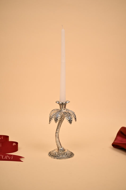 German Silver Palm Tree Candle Stand – Handcrafted Decorative Taper Candle Holder for Home & Festive Decor