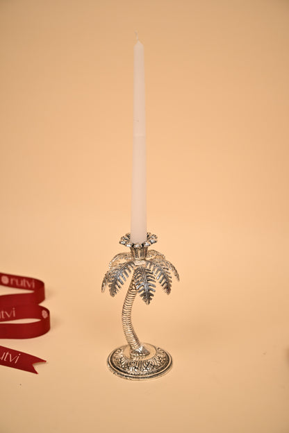 German Silver Palm Tree Candle Stand – Handcrafted Decorative Taper Candle Holder for Home & Festive Decor
