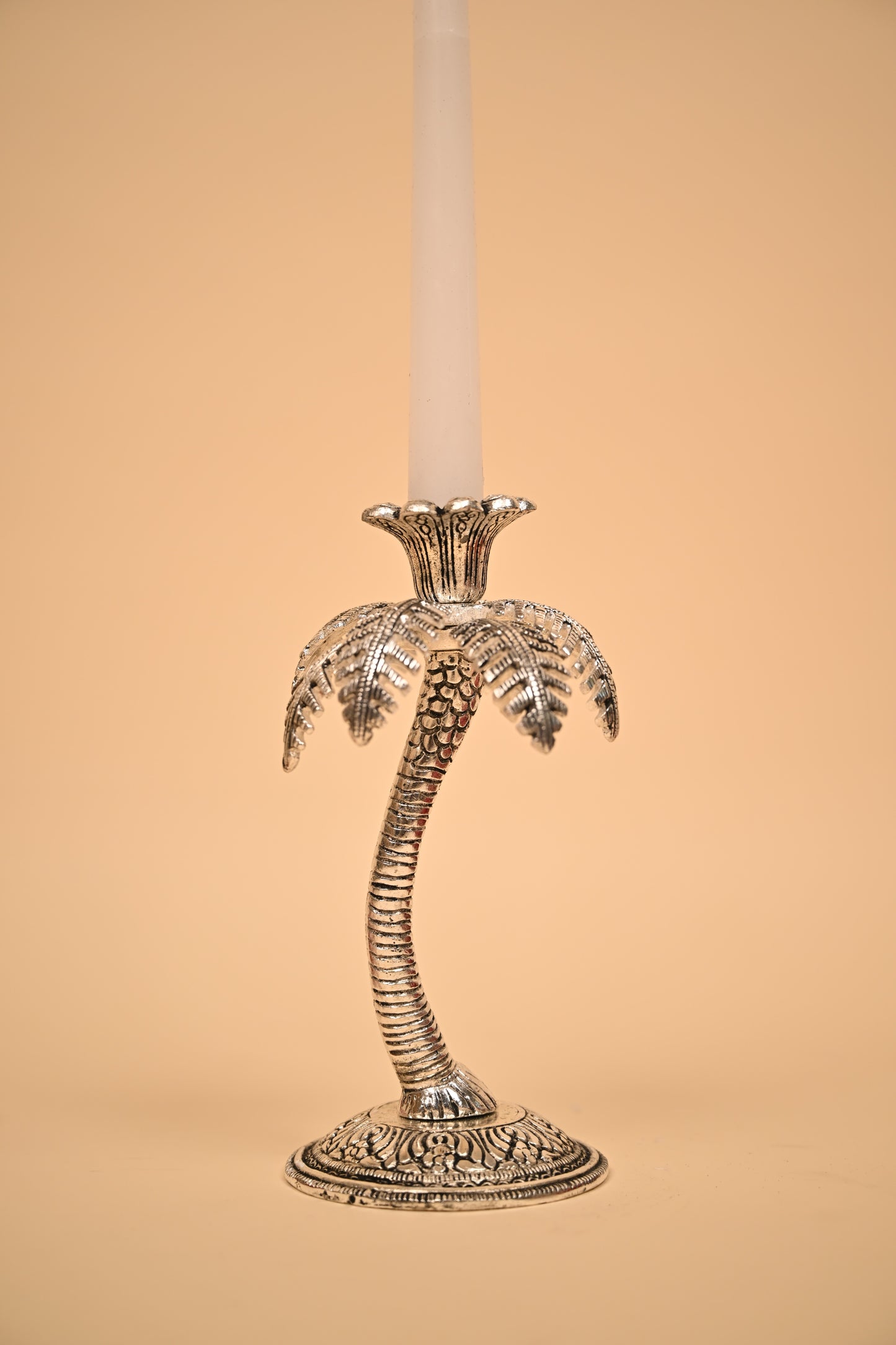 German Silver Palm Tree Candle Stand – Handcrafted Decorative Taper Candle Holder for Home & Festive Decor