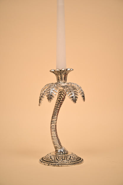 German Silver Palm Tree Candle Stand – Handcrafted Decorative Taper Candle Holder for Home & Festive Decor