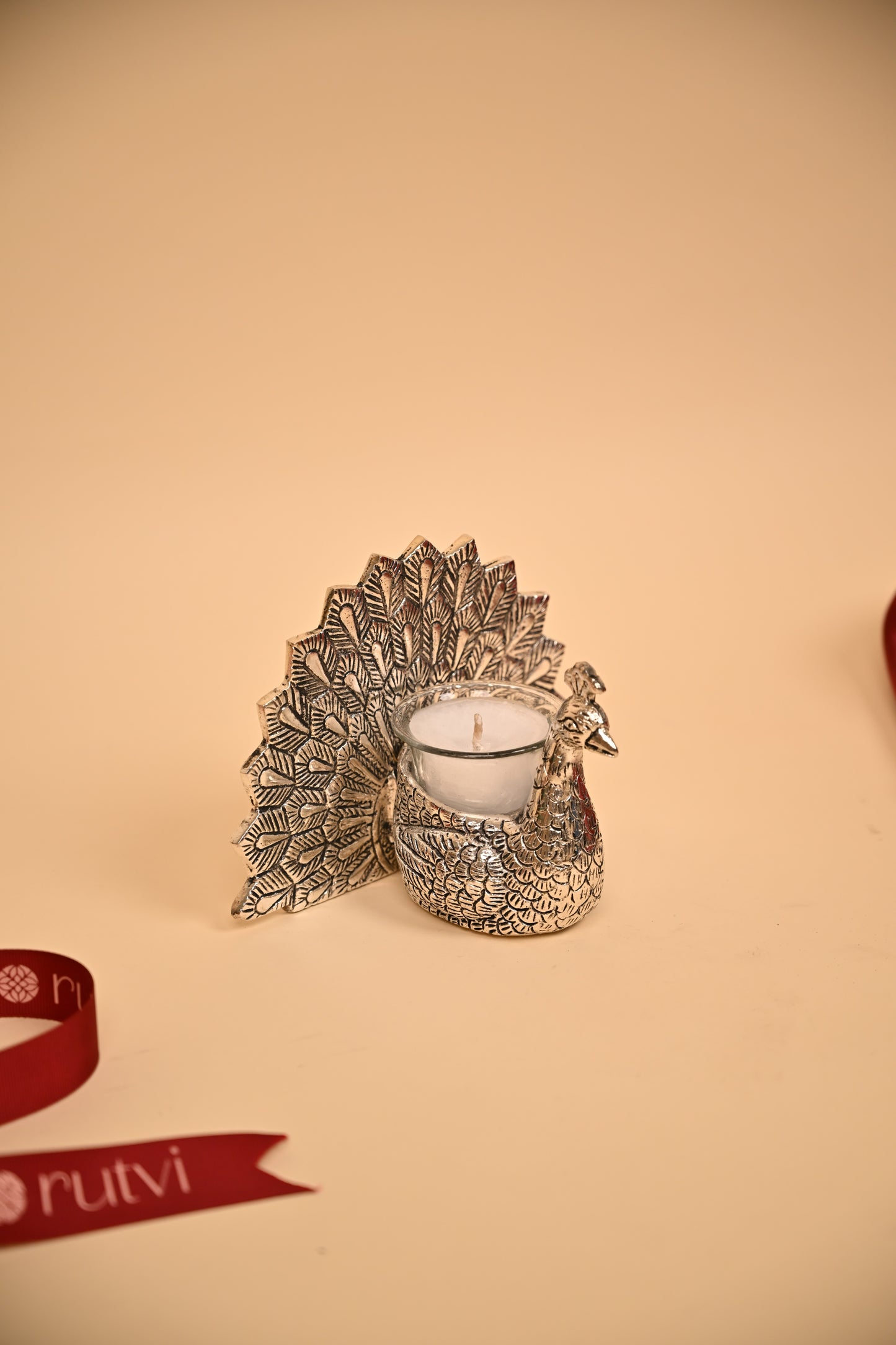 German Silver Peacock Tealight Candle Holder with Feather Backdrop – Handcrafted Decorative Candle Stand