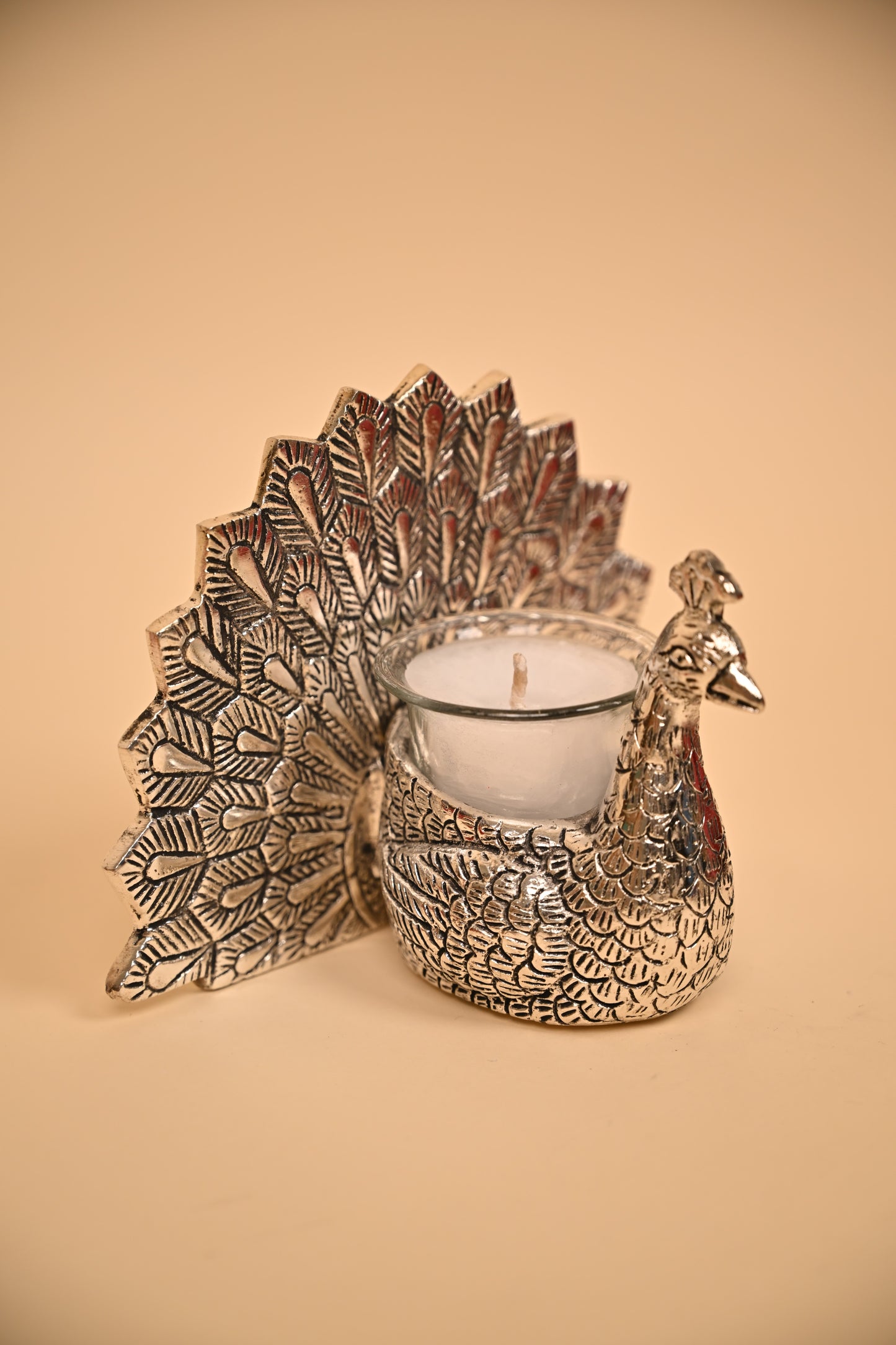 German Silver Peacock Tealight Candle Holder with Feather Backdrop – Handcrafted Decorative Candle Stand