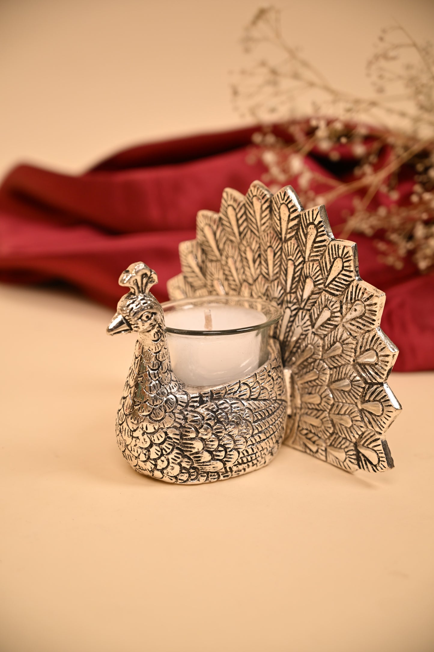German Silver Peacock Tealight Candle Holder with Feather Backdrop – Handcrafted Decorative Candle Stand
