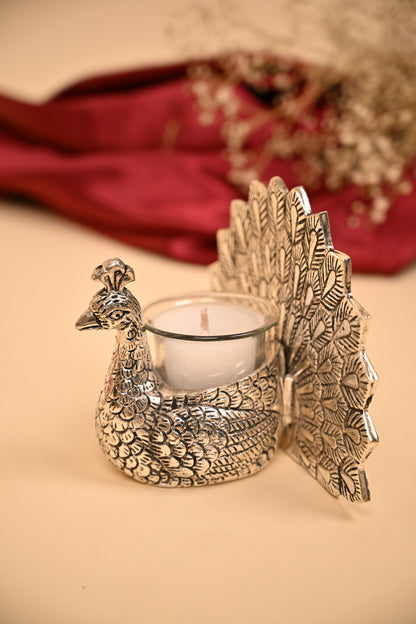 German Silver Peacock Tealight Candle Holder with Feather Backdrop – Handcrafted Decorative Candle Stand