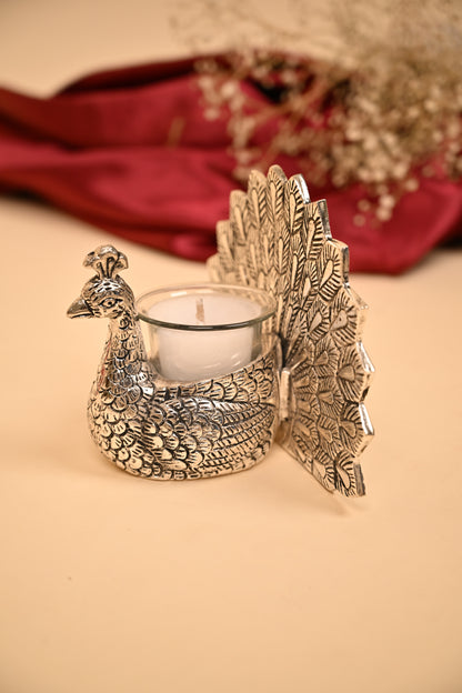 German Silver Peacock Tealight Candle Holder with Feather Backdrop – Handcrafted Decorative Candle Stand