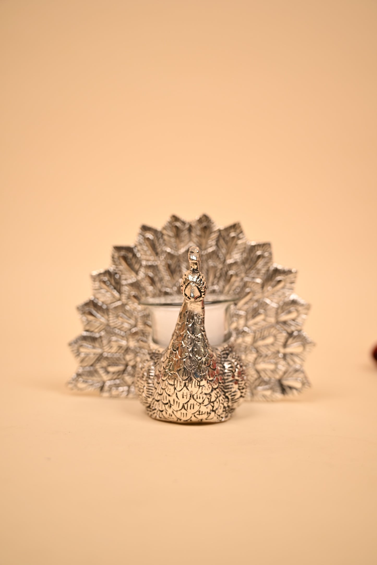 German Silver Peacock Tealight Candle Holder with Feather Backdrop – Handcrafted Decorative Candle Stand
