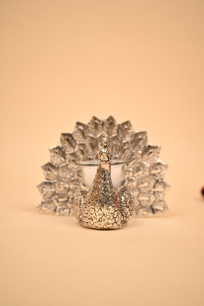 German Silver Peacock Tealight Candle Holder with Feather Backdrop – Handcrafted Decorative Candle Stand