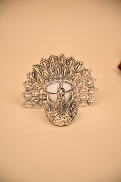 German Silver Peacock Tealight Candle Holder with Feather Backdrop – Handcrafted Decorative Candle Stand