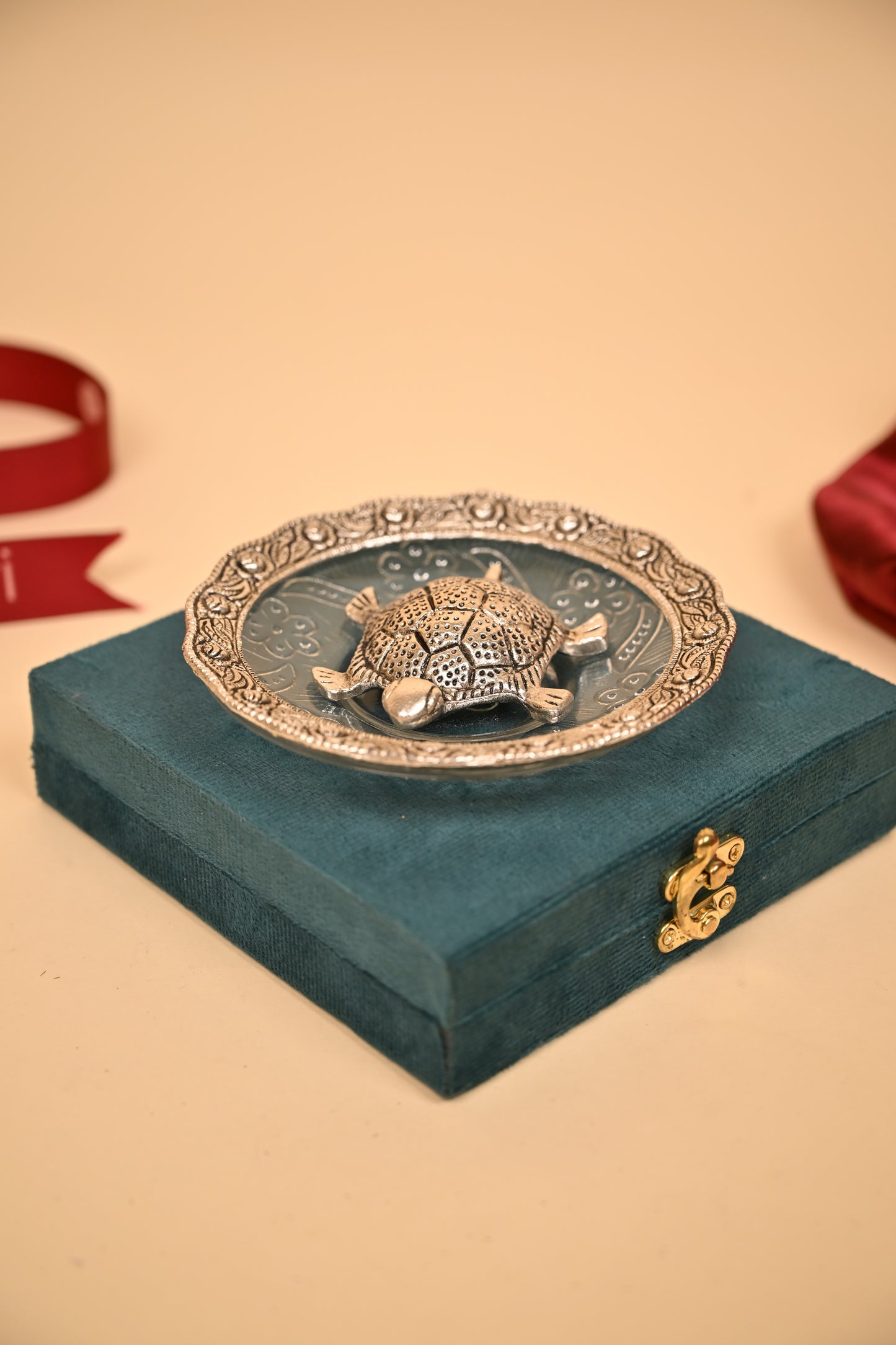 German Silver Tortoise Kumkum Plate with Handcrafted Detailing – Vastu & Pooja Décor