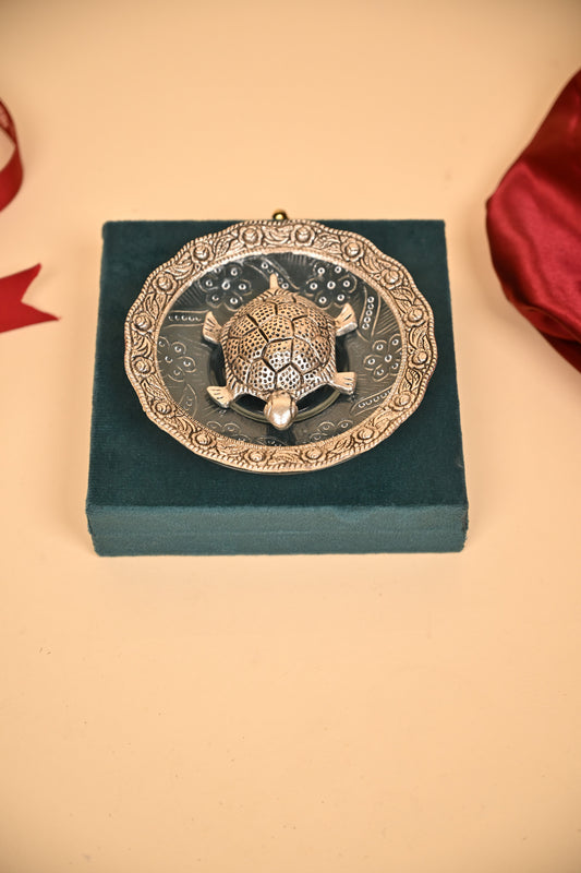 German Silver Tortoise Kumkum Plate with Handcrafted Detailing – Vastu & Pooja Décor