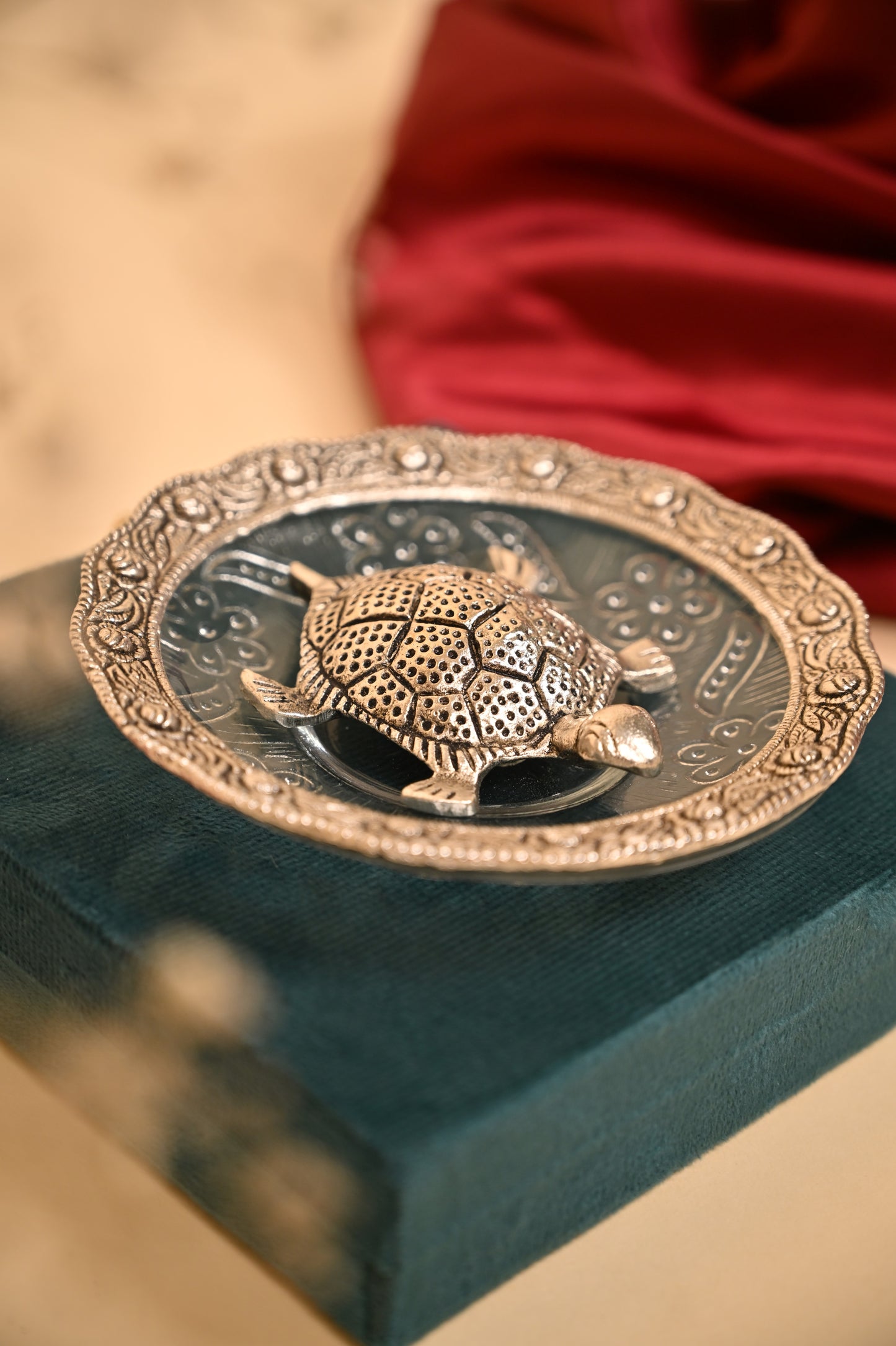 German Silver Tortoise Kumkum Plate with Handcrafted Detailing – Vastu & Pooja Décor
