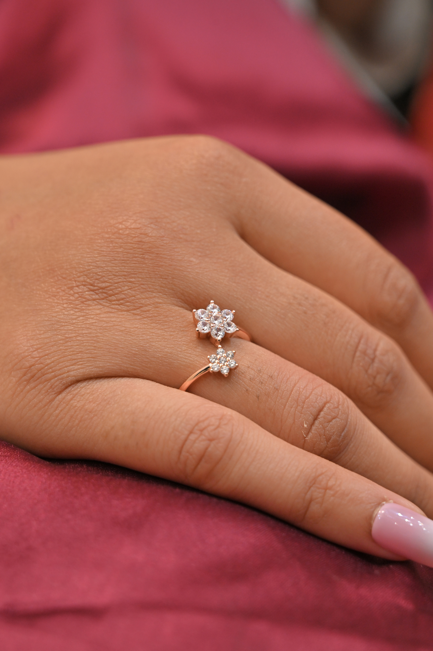 925 silver floral cz open ring – rose gold