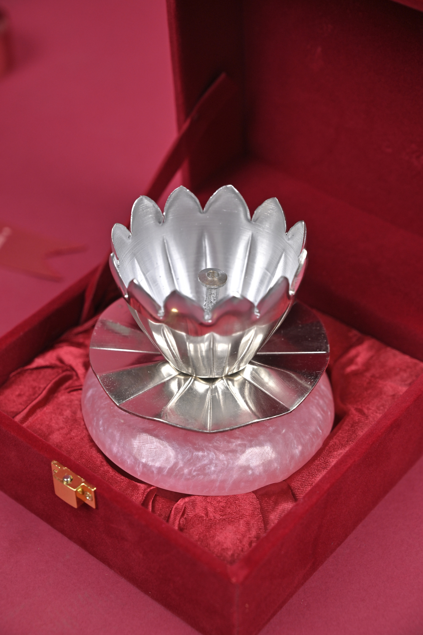 handcrafted german silver lotus diya on rose quartz base – decorative pooja & gifting accent