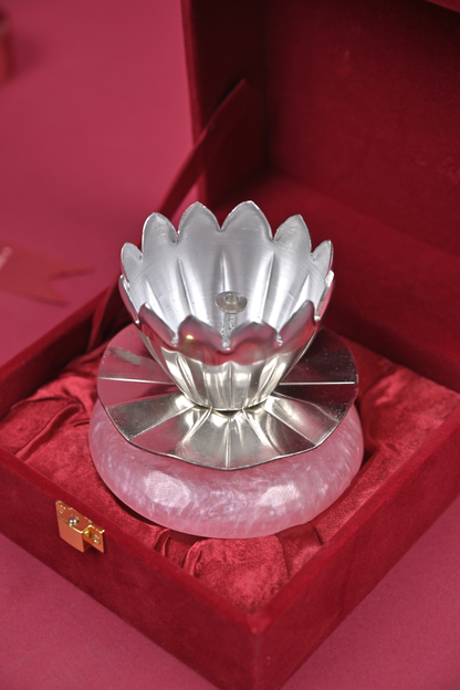 Handcrafted German Silver Lotus Diya on Rose Quartz Base – Decorative Pooja & Gifting Accent