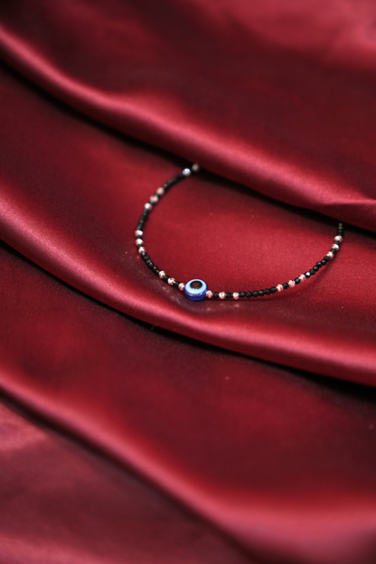 Black Evil Eye Beaded Silver-Toned Minimal Anklet