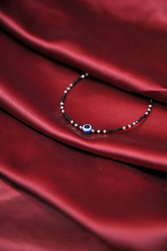Black Evil Eye Beaded Silver-Toned Minimal Anklet