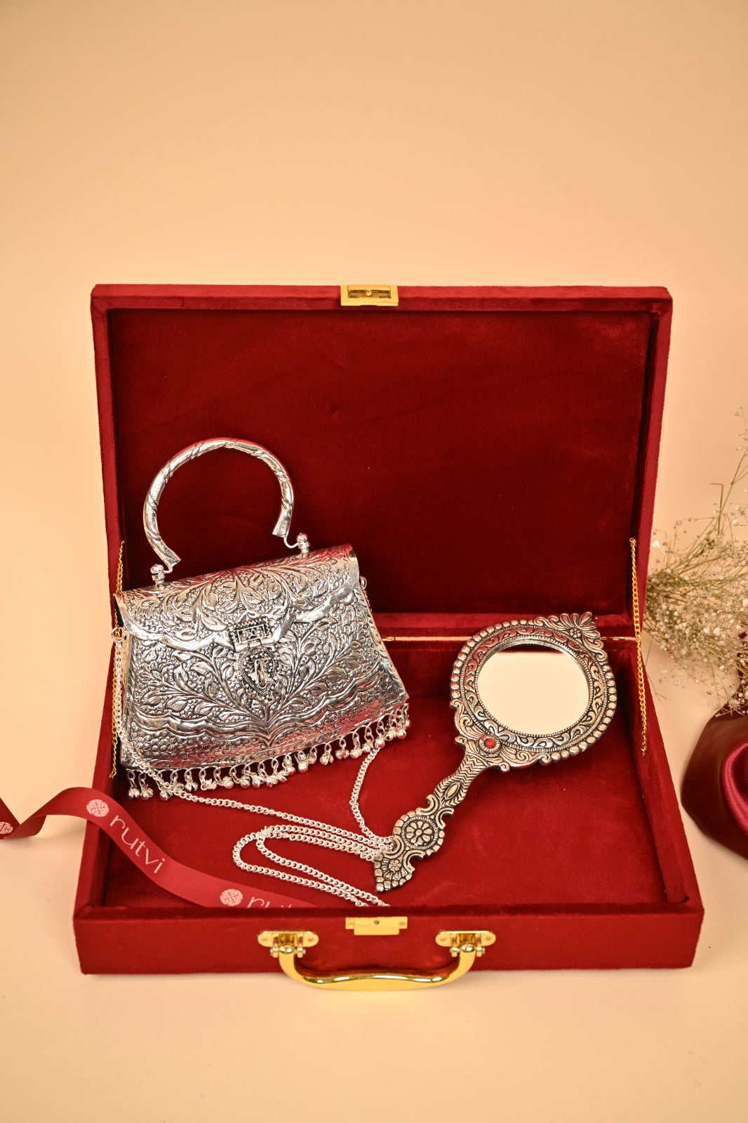 Premium Silver Plated Purse & Mini Mirror Combo