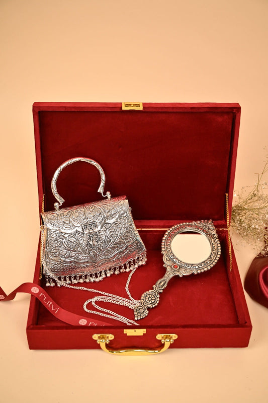 Premium Silver Plated Purse & Mini Mirror Combo