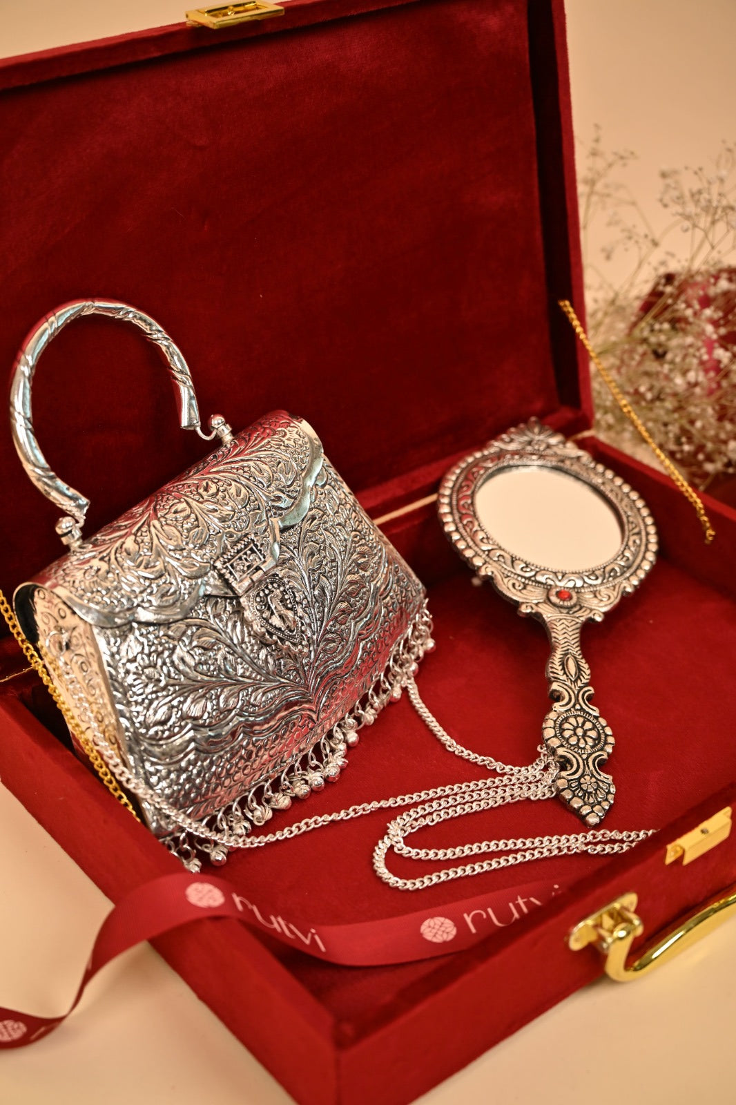 Premium Silver Plated Purse & Mini Mirror Combo