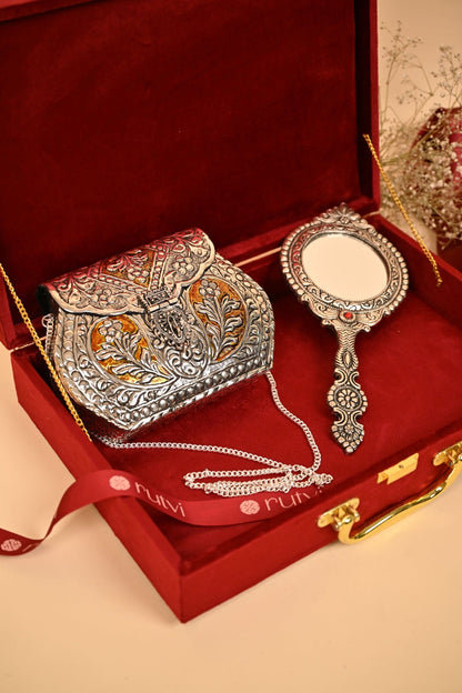 Premium Silver Plated Purse & Mini Mirror Combo