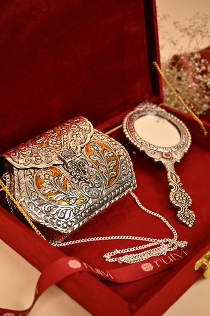 Premium Silver Plated Purse & Mini Mirror Combo